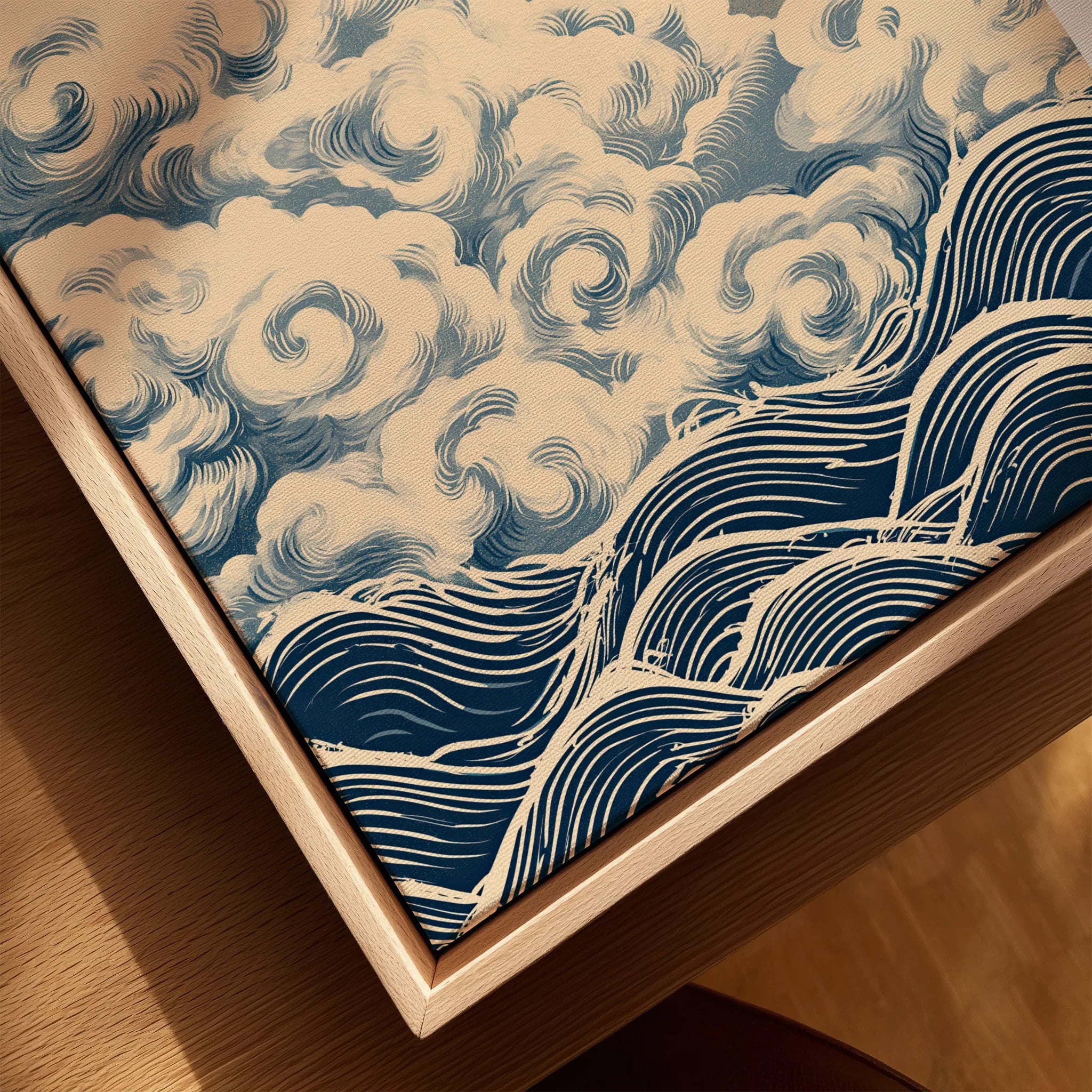 Japanese Cloud & Wave Art Print – Vintage Wall Art — closeup framed canvas natural wood floating frame