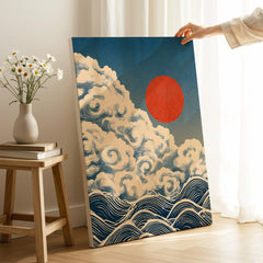 Japanese Cloud & Wave Art Print – Vintage Wall Art — canvas print mirror edge hand holding room setting