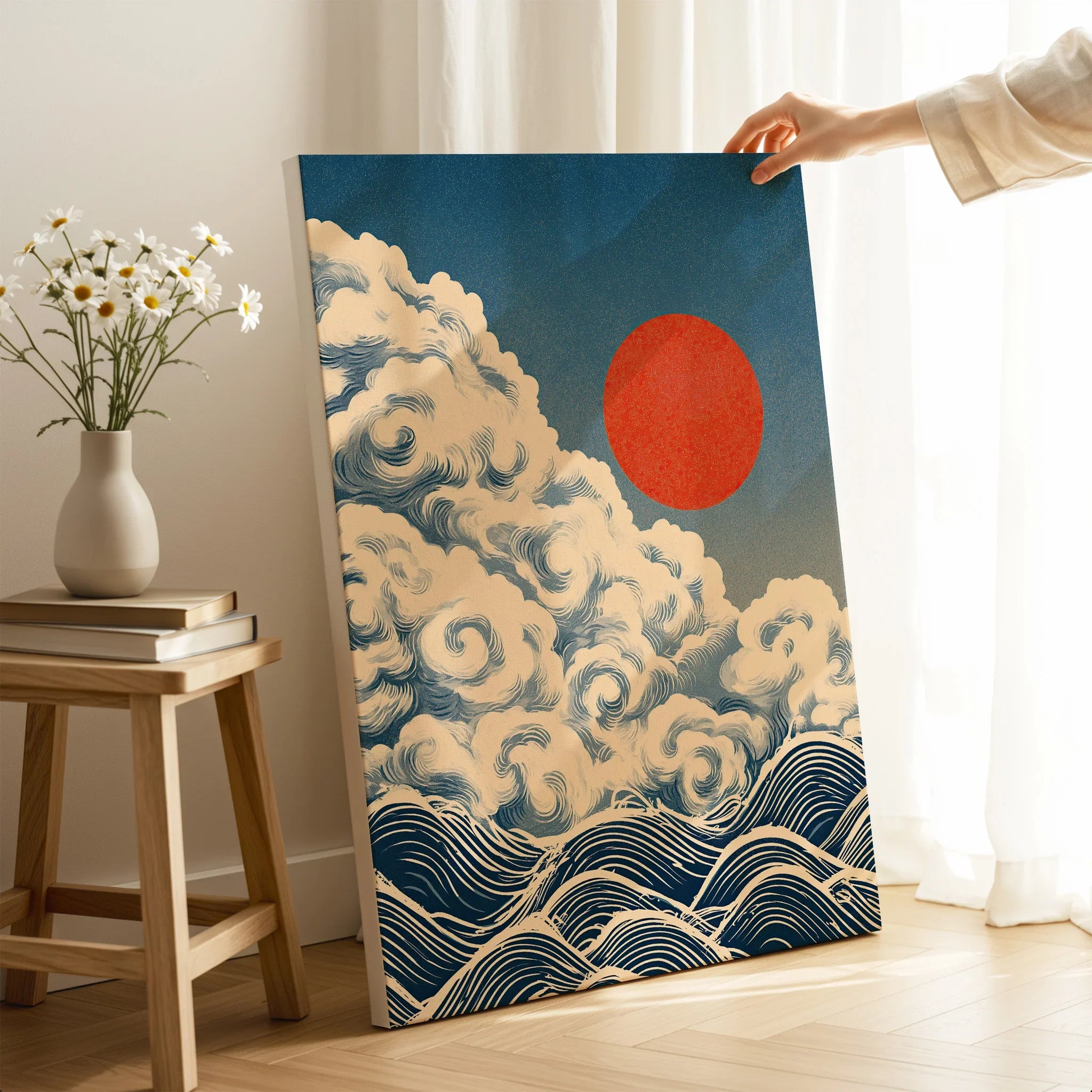 Japanese Cloud & Wave Art Print – Vintage Wall Art — canvas print mirror edge hand holding room setting