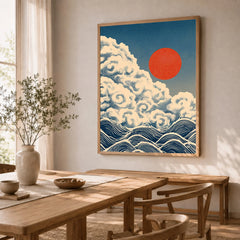 Japanese Cloud & Wave Art Print – Vintage Wall Art — dining room framed print natural wood frame