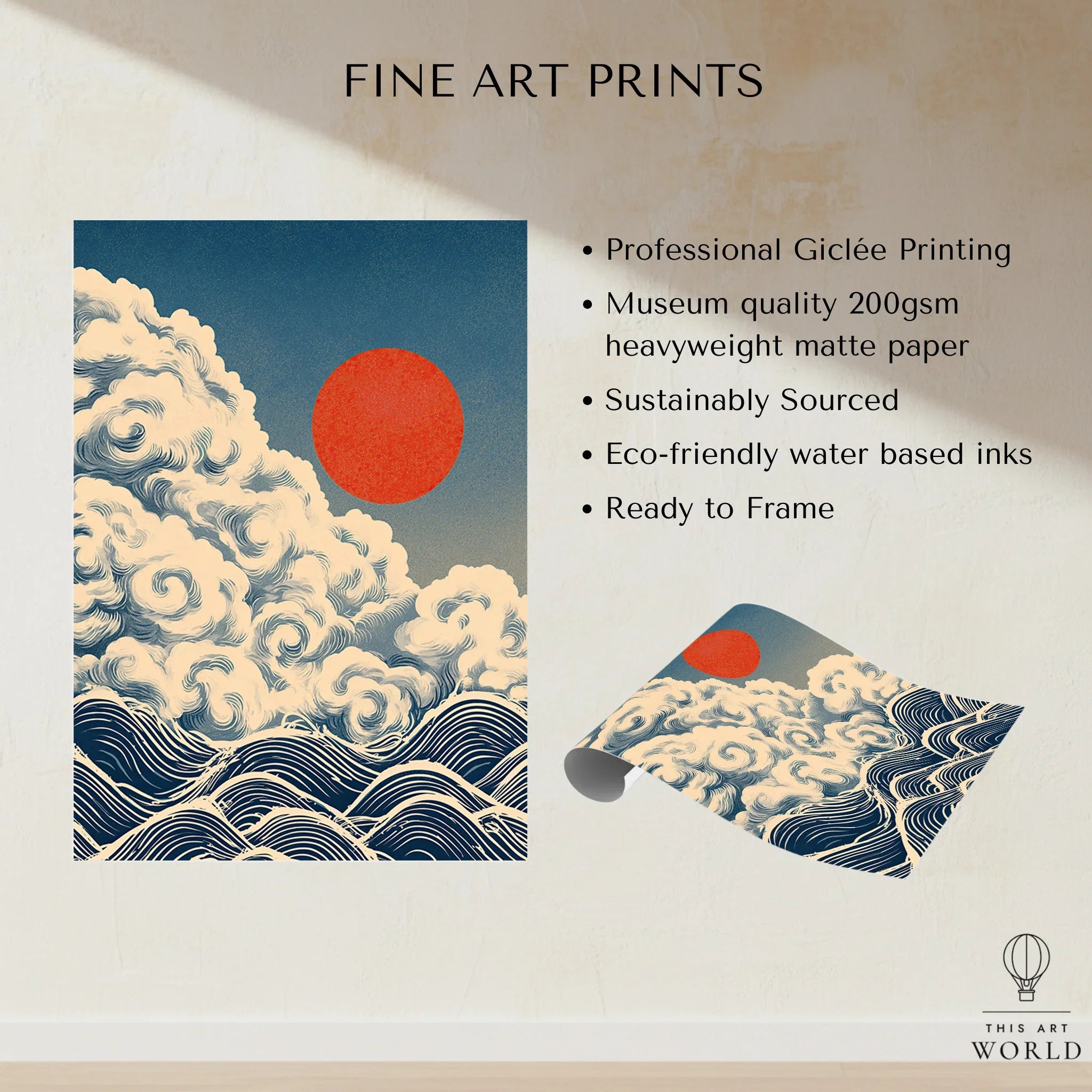Japanese Cloud & Wave Art Print – Vintage Wall Art — fine art print unframed quality details
