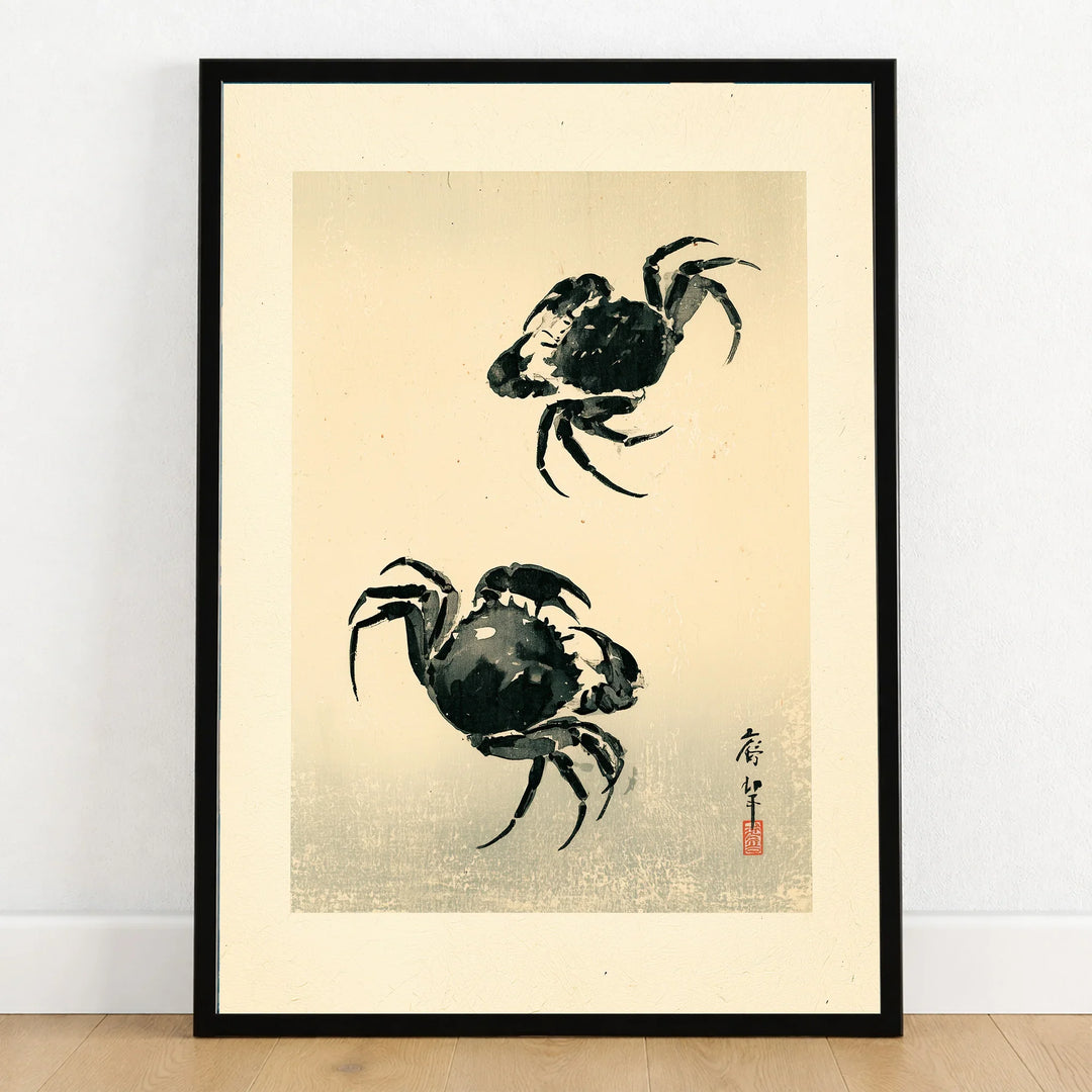 Japanese Crab Art Print – Vintage Coastal Wall Art — art print in black frame on wooden floor