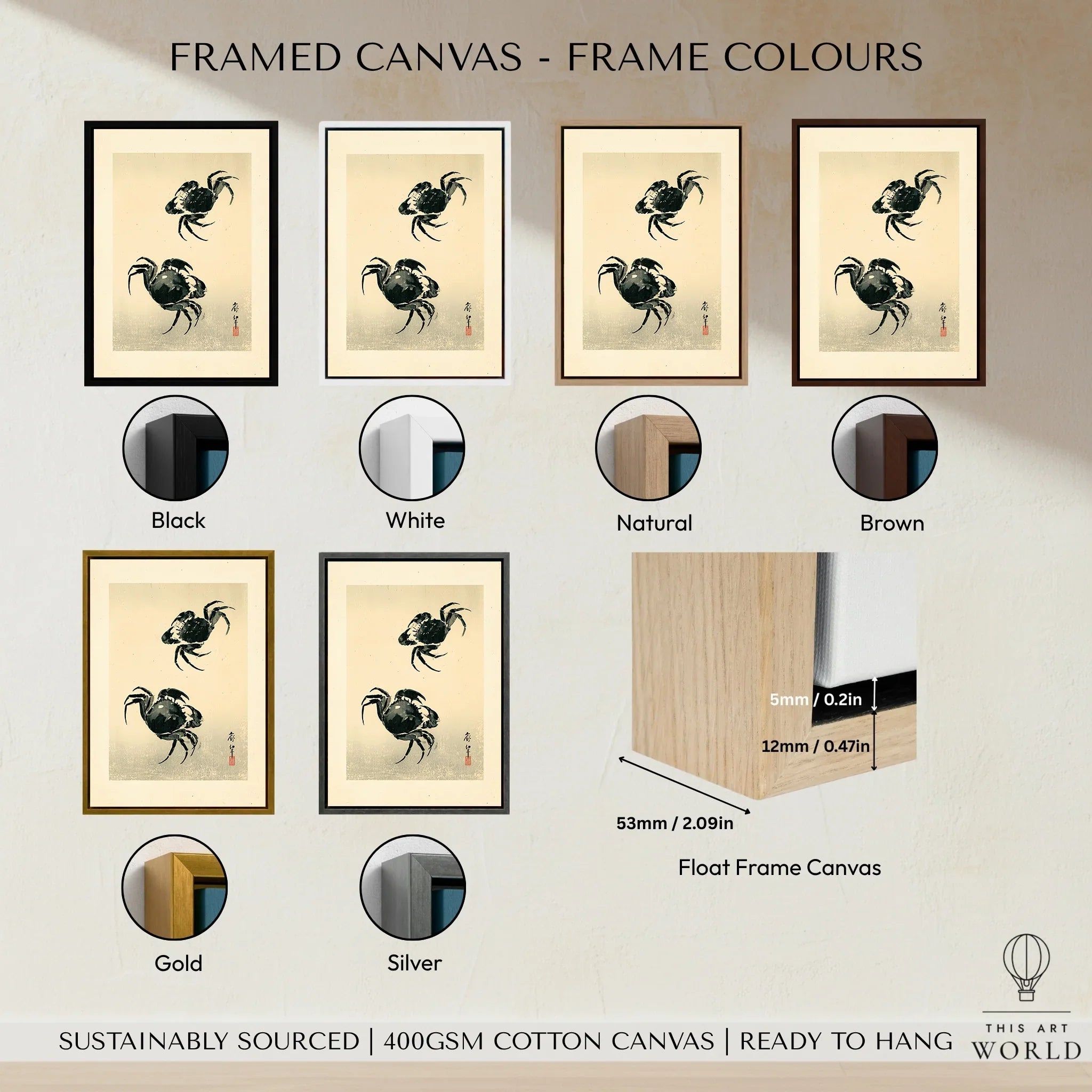 Japanese Crab Art Print – Vintage Coastal Wall Art — framed canvas float frame colour options