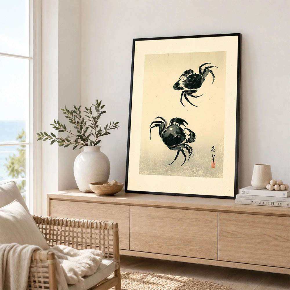 Japanese Crab Art Print – Vintage Coastal Wall Art — framed artwork living room lifestyle setting