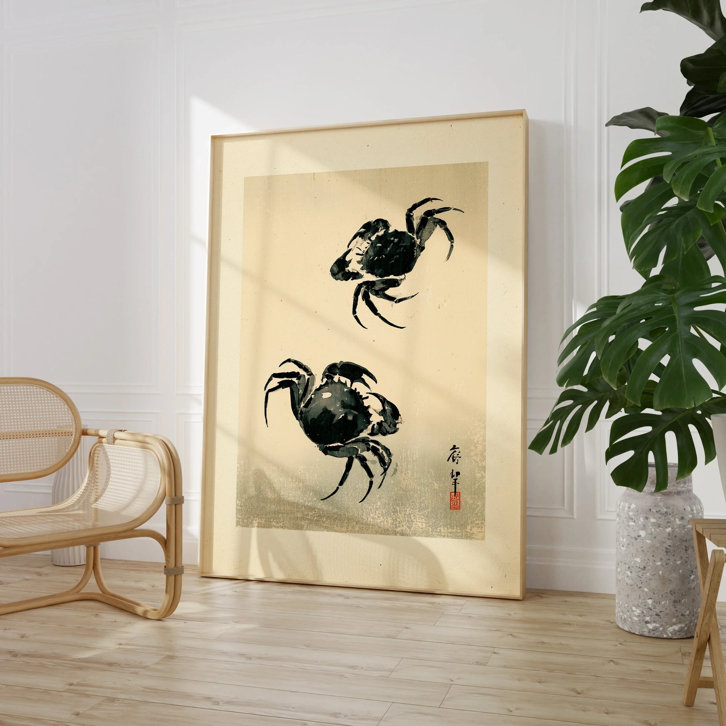 Japanese Crab Art Print – Vintage Coastal Wall Art — large framed print room setting chair plant