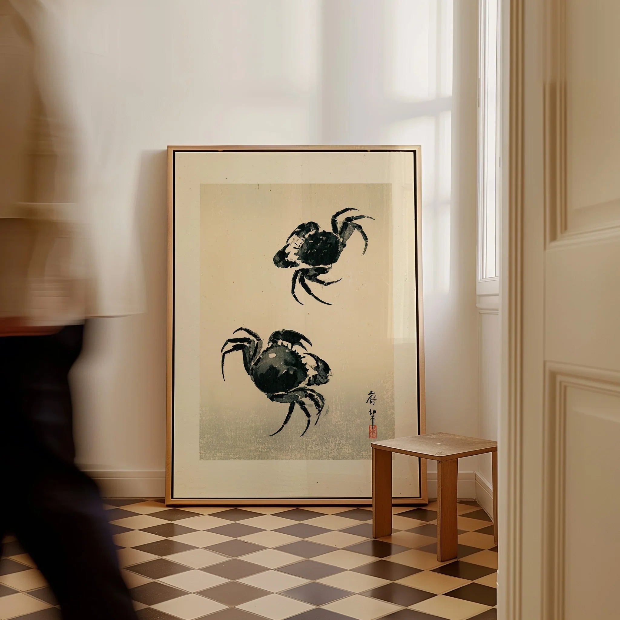 Japanese Crab Art Print – Vintage Coastal Wall Art — framed canvas on floor man walking past