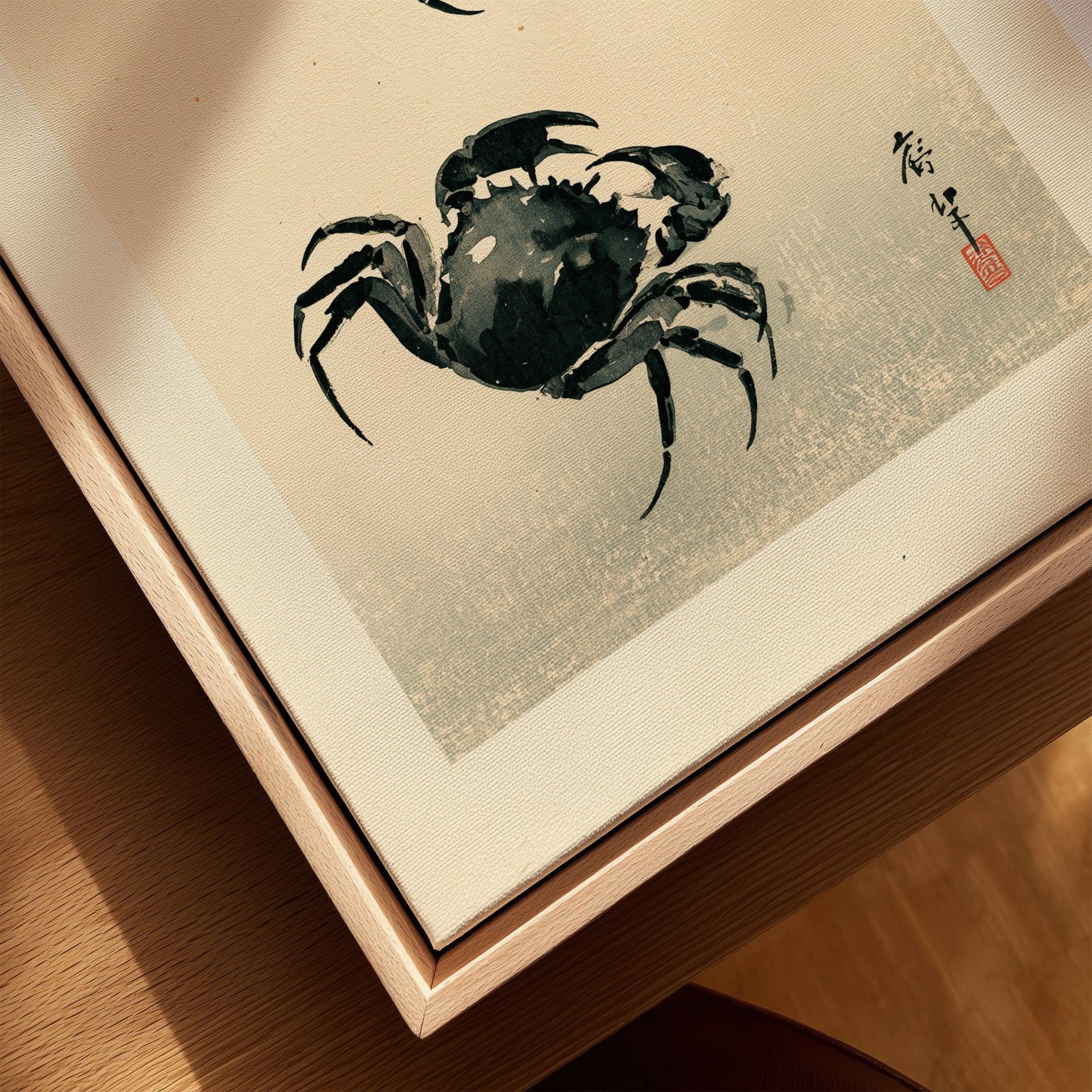 Japanese Crab Art Print – Vintage Coastal Wall Art — closeup framed canvas natural wood floating frame