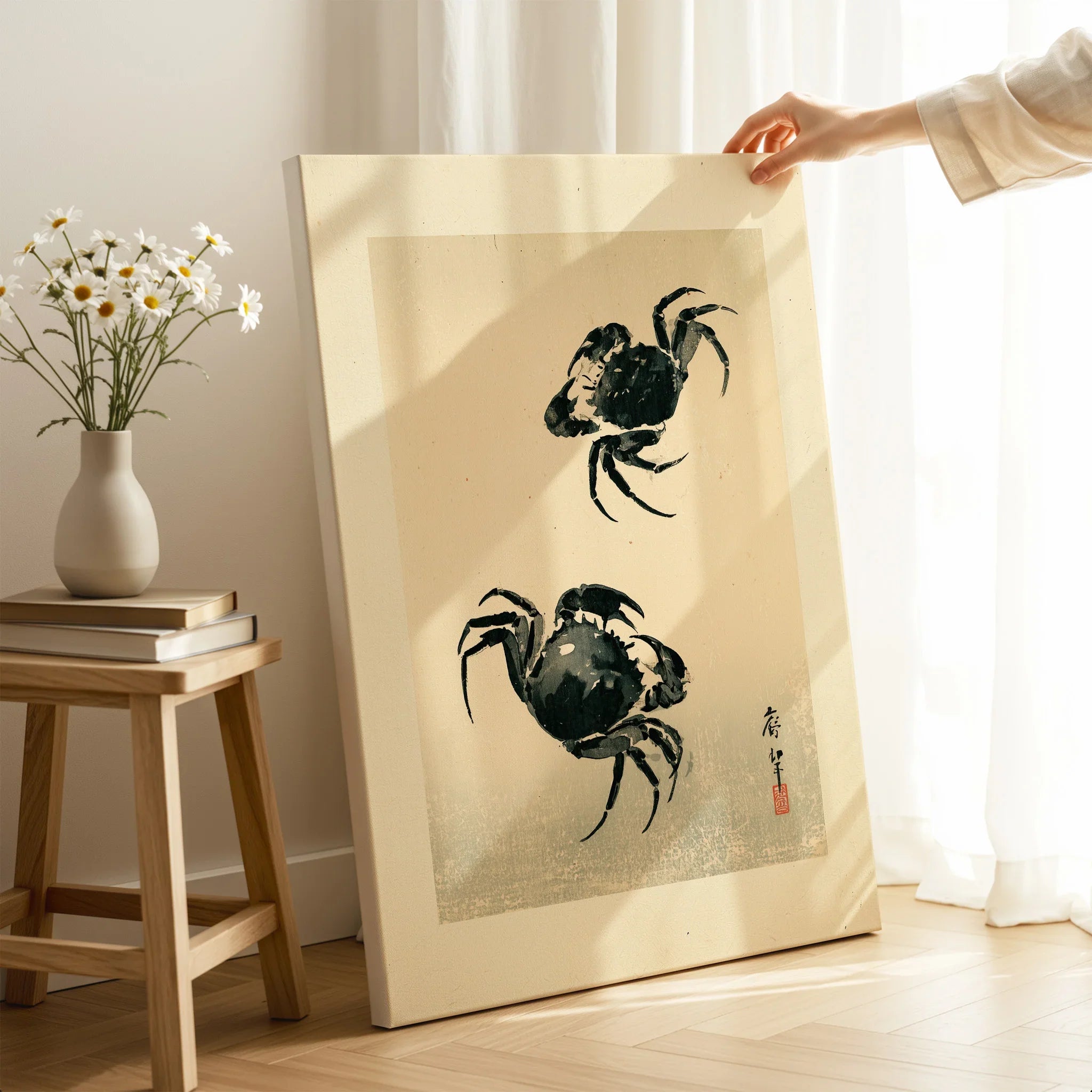 Japanese Crab Art Print – Vintage Coastal Wall Art — canvas print mirror edge hand holding room setting
