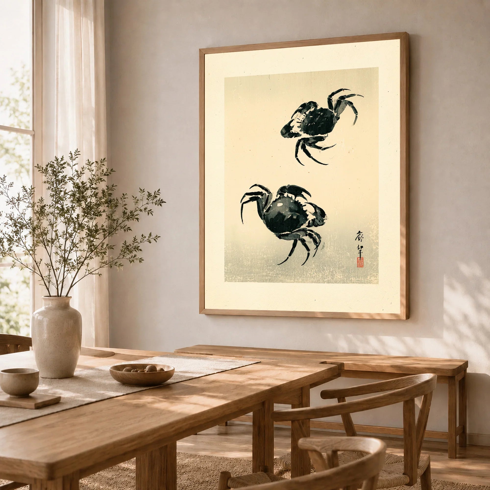 Japanese Crab Art Print – Vintage Coastal Wall Art — dining room framed print natural wood frame