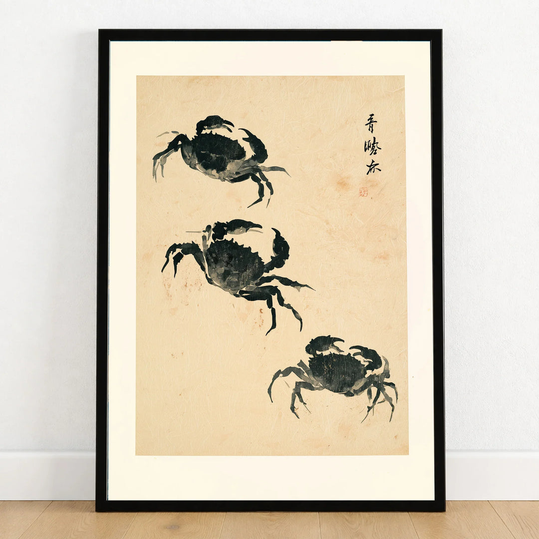 Japanese Coastal Art Print – Vintage Crab Wall Art — art print in black frame on wooden floor