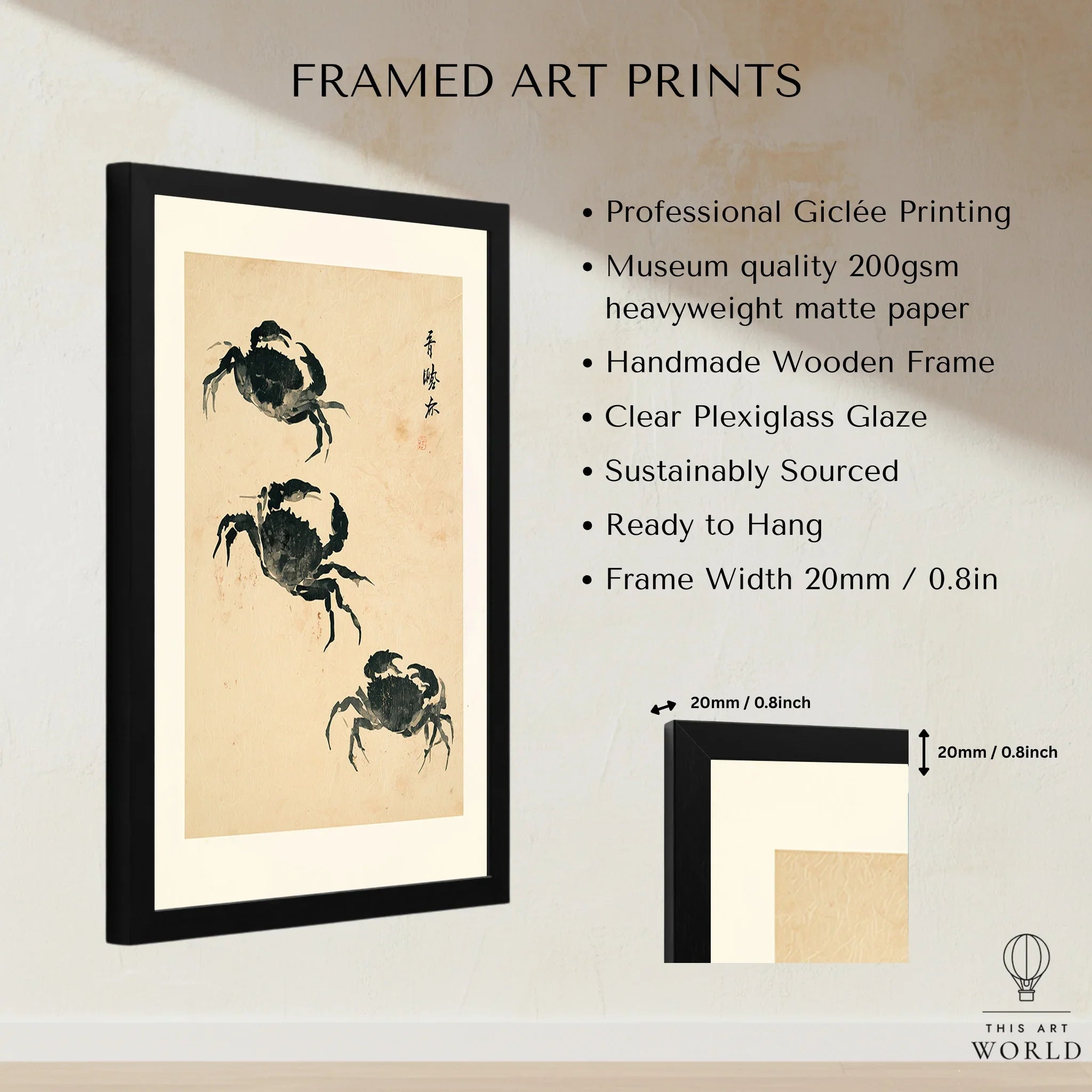Japanese Coastal Art Print – Vintage Crab Wall Art — framed print details measurements quality details