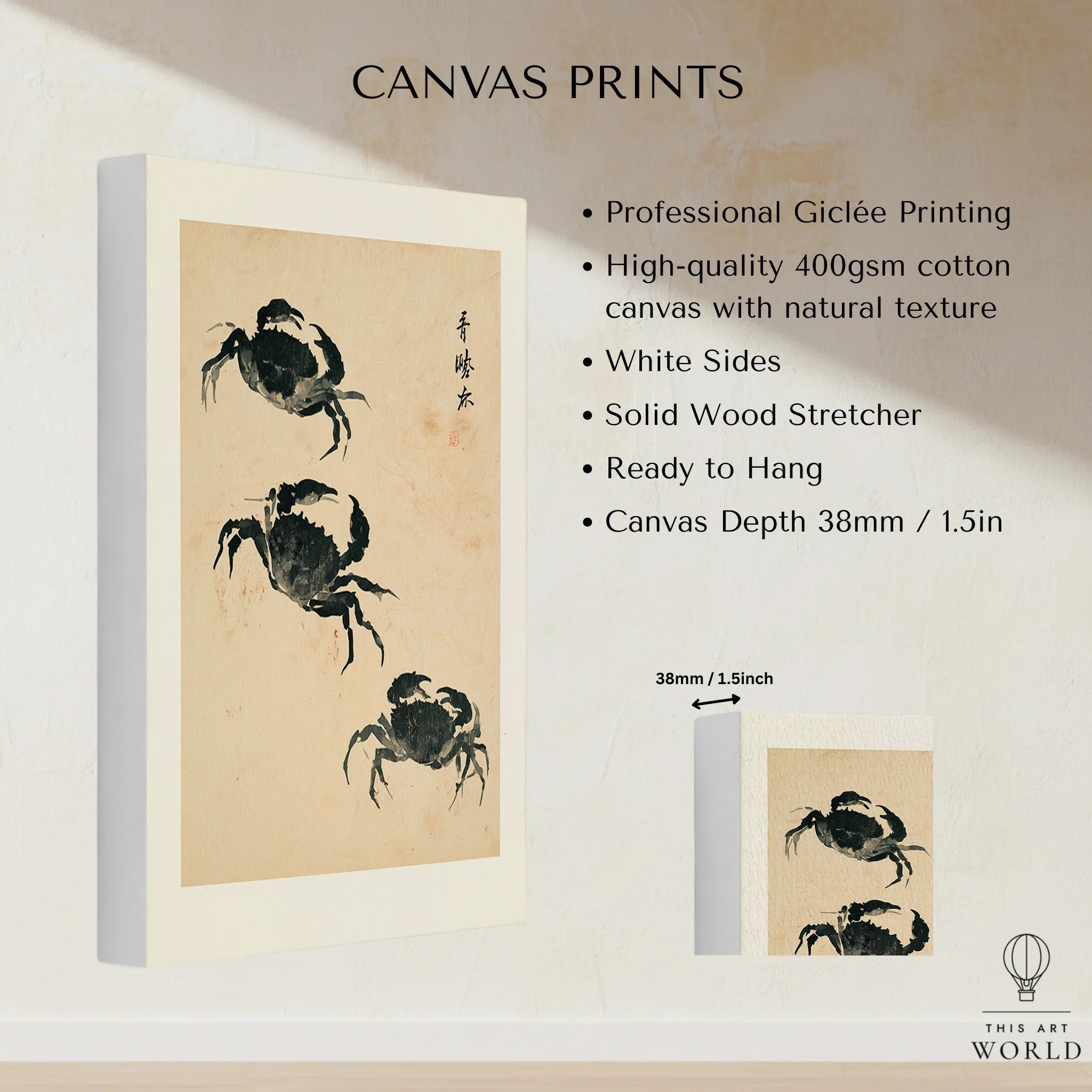Japanese Coastal Art Print – Vintage Crab Wall Art — canvas print stretched cotton canvas details