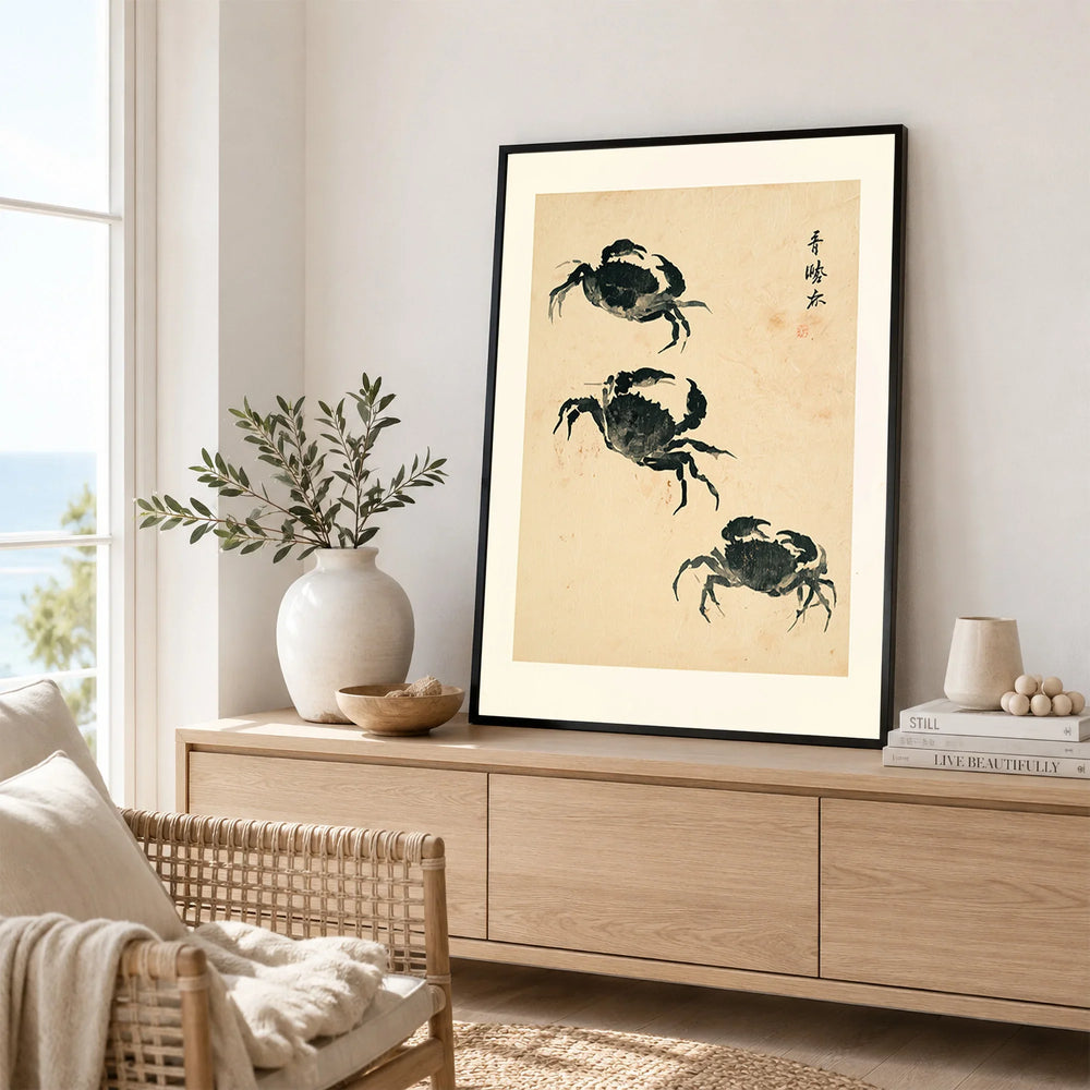 Japanese Coastal Art Print – Vintage Crab Wall Art — framed artwork living room lifestyle setting