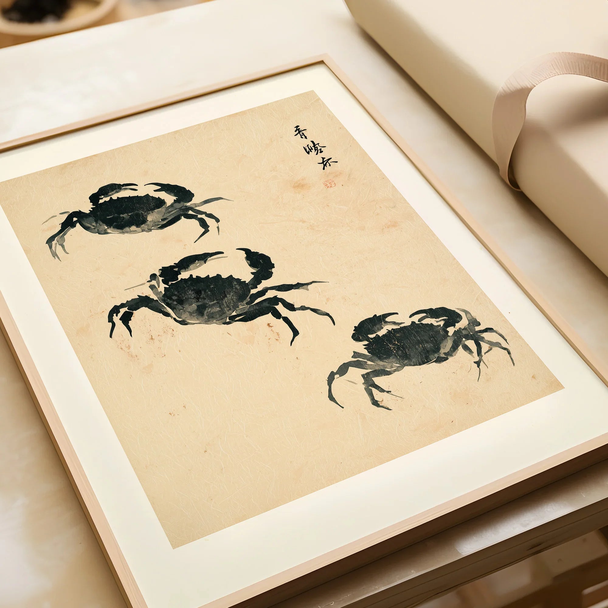Japanese Coastal Art Print – Vintage Crab Wall Art — framed art print closeup gift unwrapped natural frame