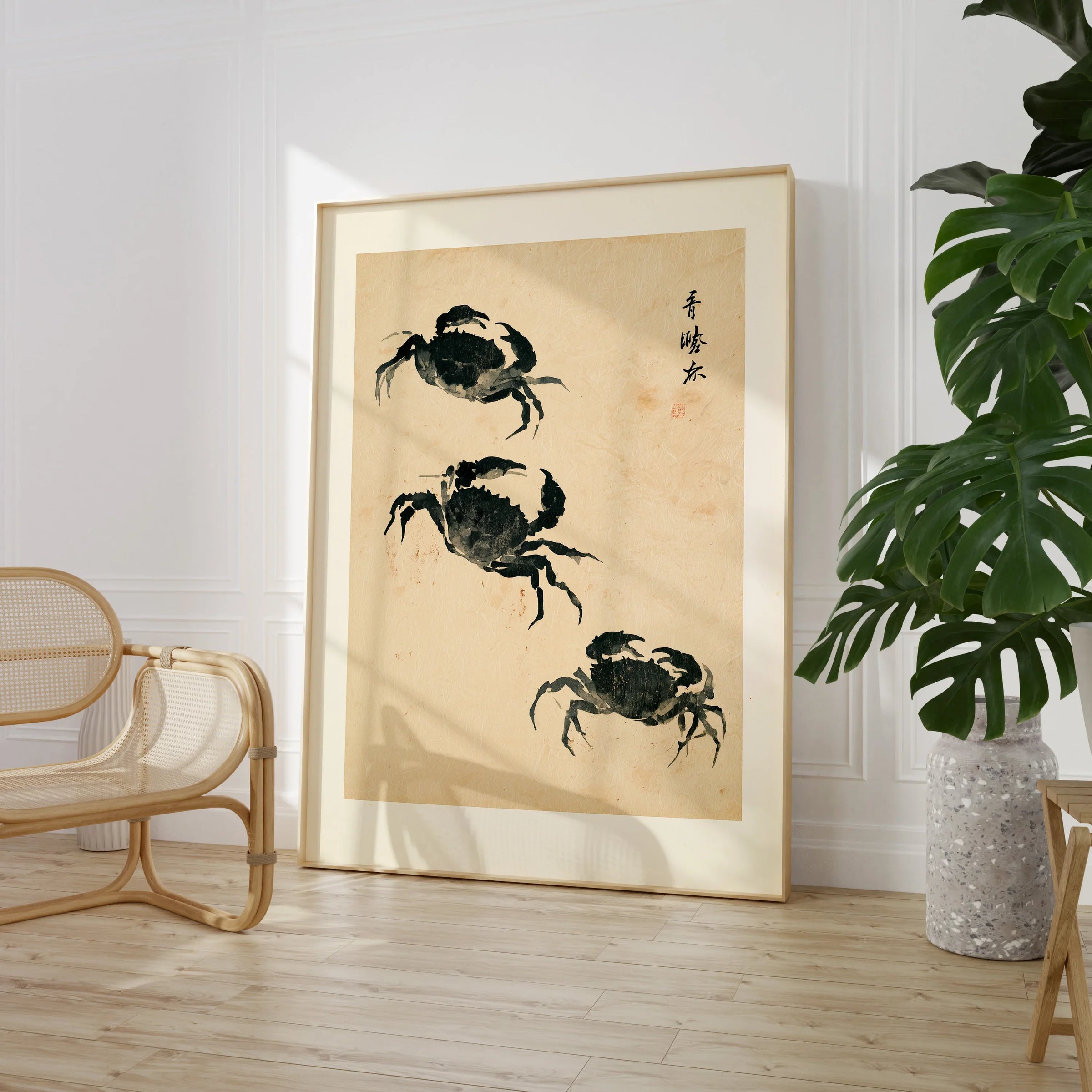 Japanese Coastal Art Print – Vintage Crab Wall Art — large framed print room setting chair plant