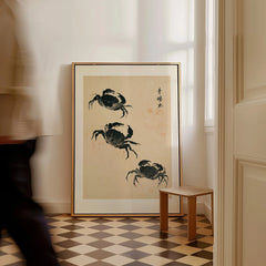 Japanese Coastal Art Print – Vintage Crab Wall Art — framed canvas on floor man walking past