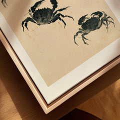 Japanese Coastal Art Print – Vintage Crab Wall Art — closeup framed canvas natural wood floating frame