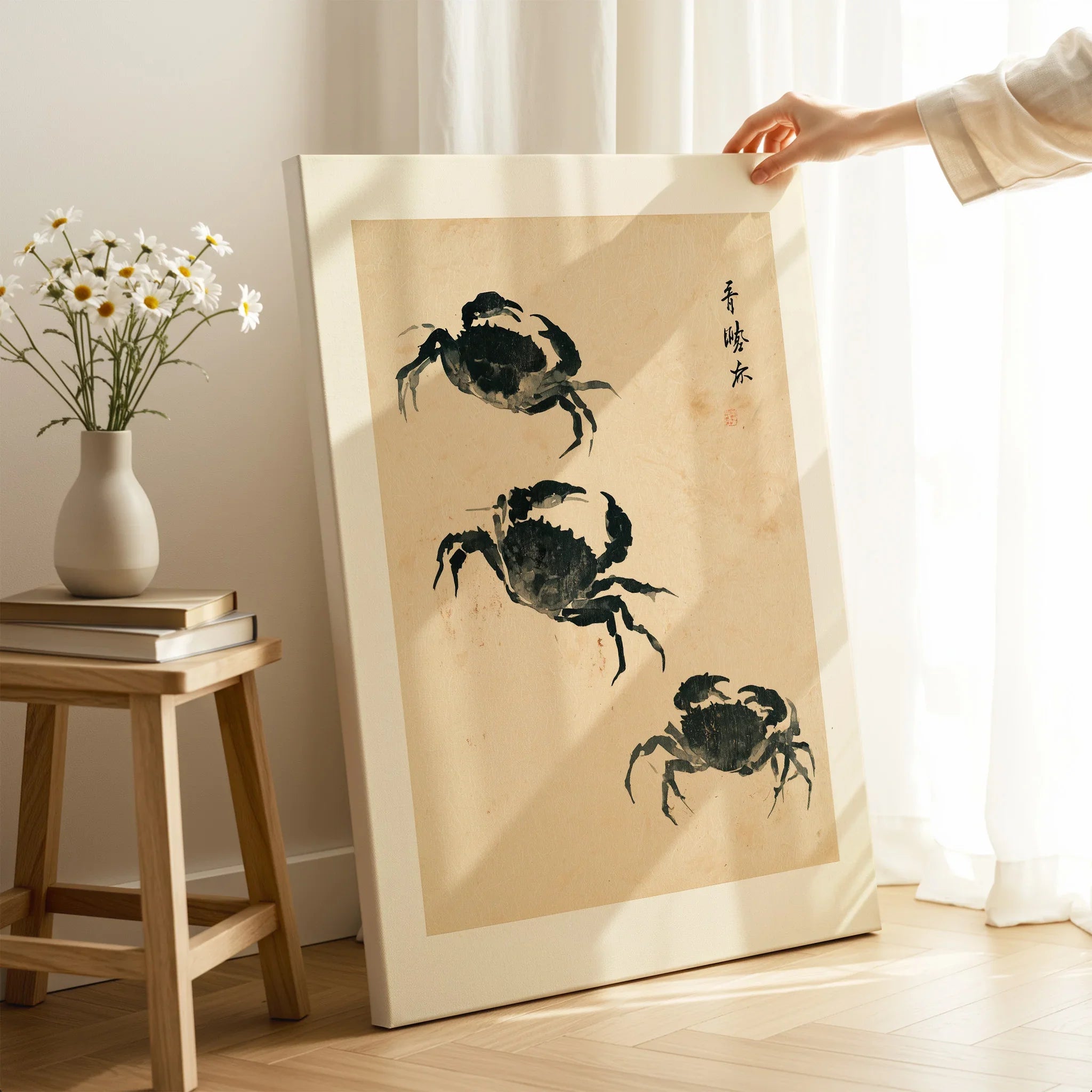 Japanese Coastal Art Print – Vintage Crab Wall Art — canvas print mirror edge hand holding room setting
