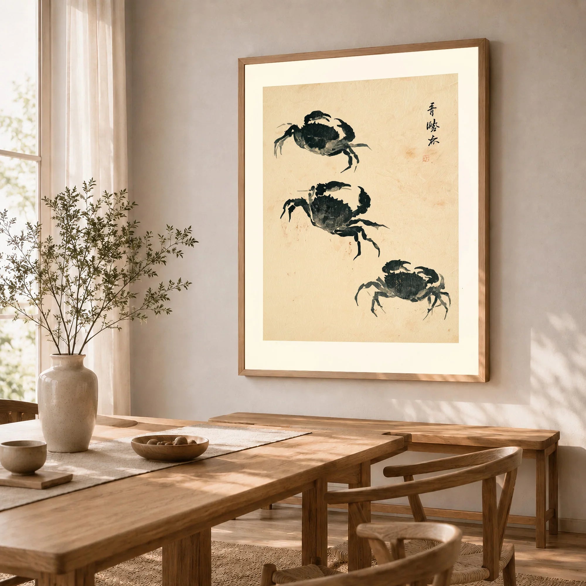 Japanese Coastal Art Print – Vintage Crab Wall Art — dining room framed print natural wood frame