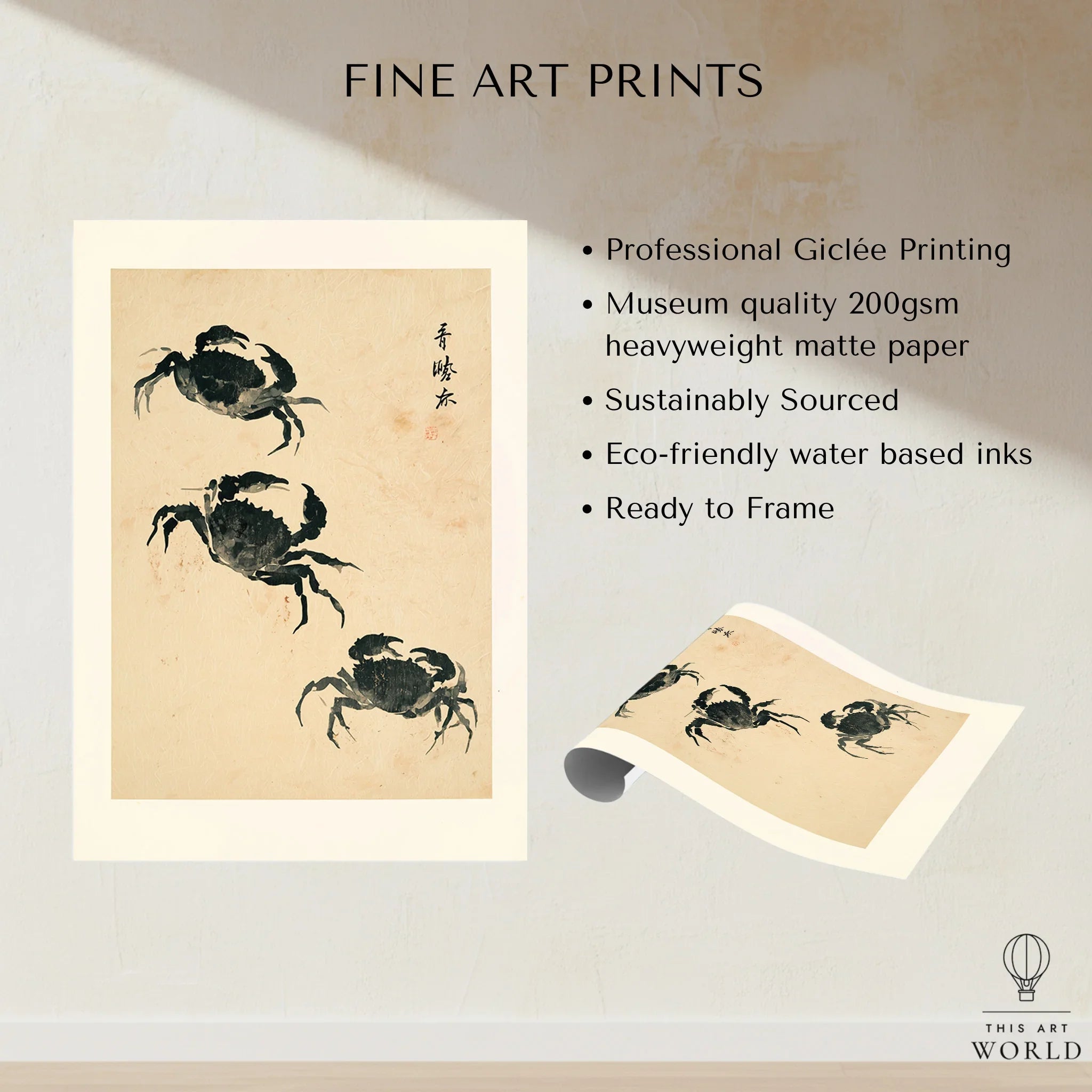 Japanese Coastal Art Print – Vintage Crab Wall Art — fine art print unframed quality details