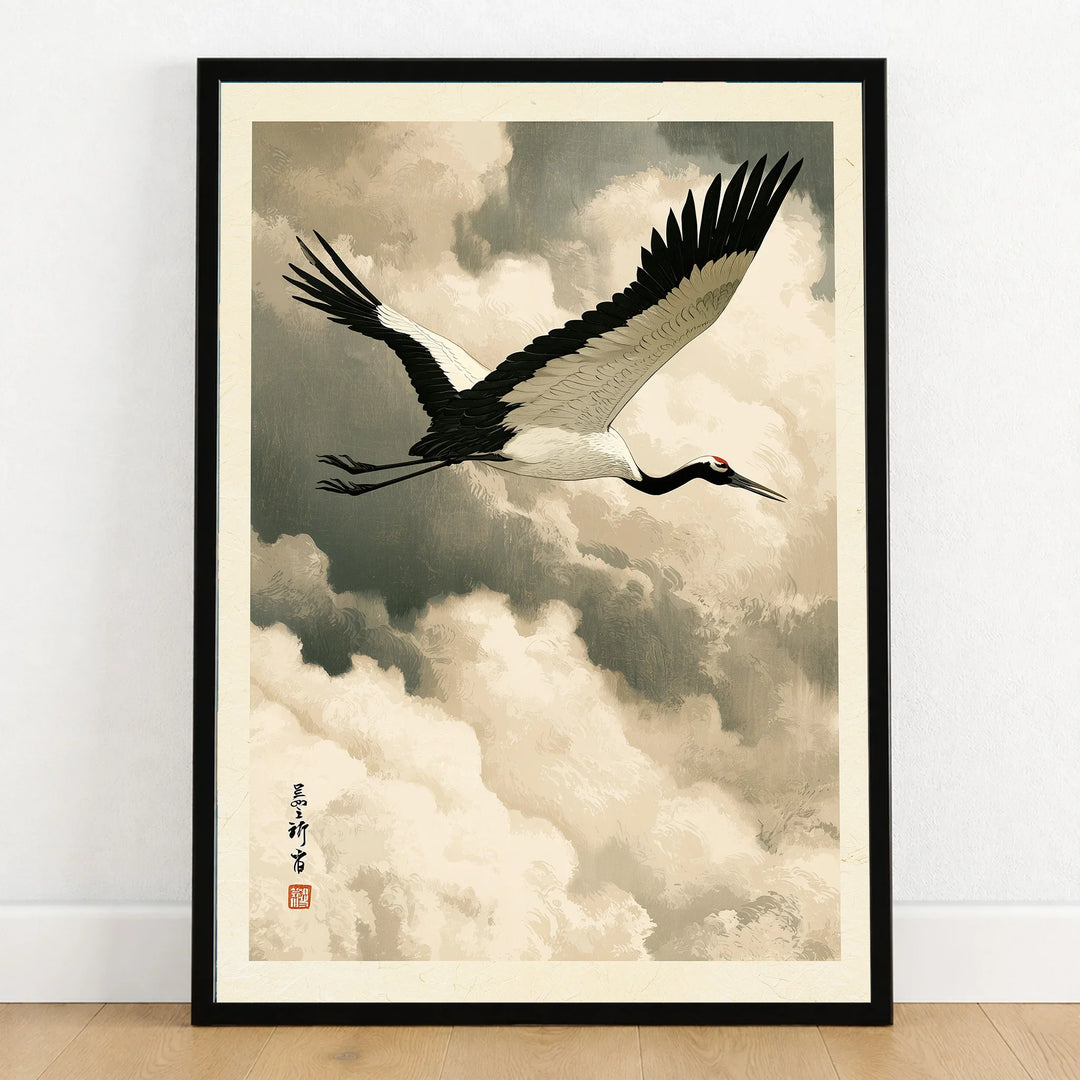 Japanese Crane Art Print – Vintage Ukiyo-e Style Wall Art — art print in black frame on wooden floor