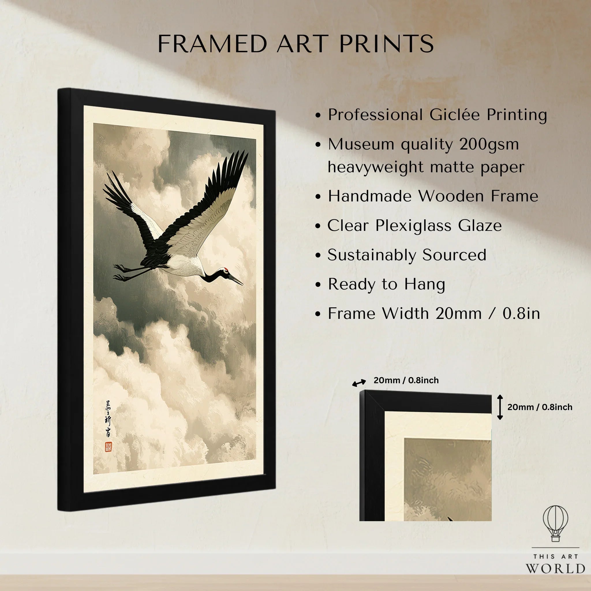 Japanese Crane Art Print – Vintage Ukiyo-e Style Wall Art — framed print details measurements quality details