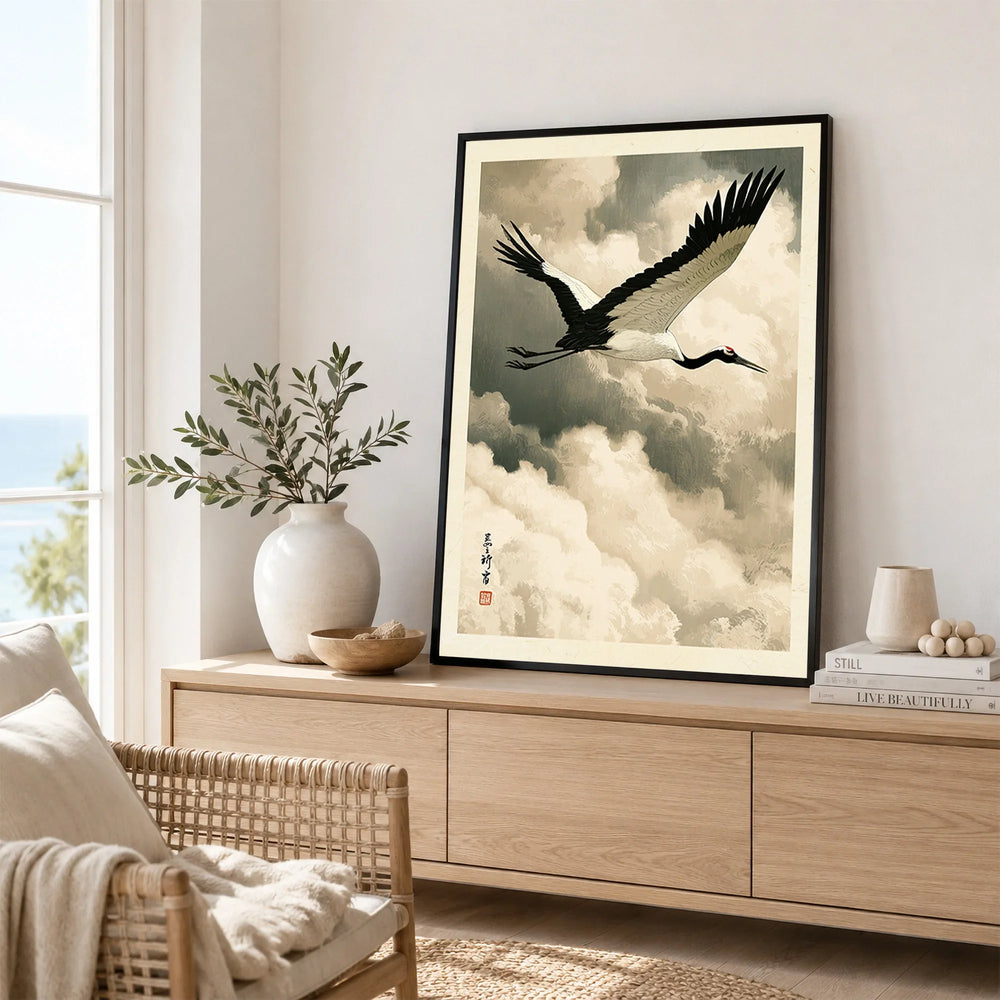 Japanese Crane Art Print – Vintage Ukiyo-e Style Wall Art — framed artwork living room lifestyle setting