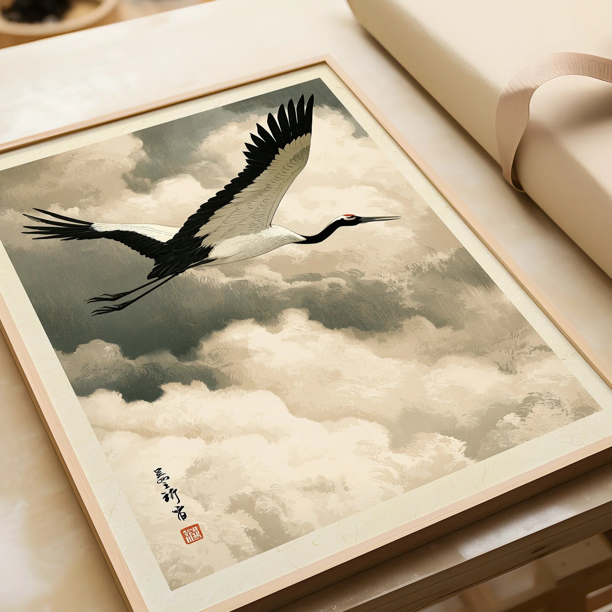 Japanese Crane Art Print – Vintage Ukiyo-e Style Wall Art — framed art print closeup gift unwrapped natural frame