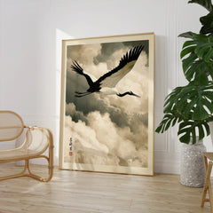 Japanese Crane Art Print – Vintage Ukiyo-e Style Wall Art — large framed print room setting chair plant