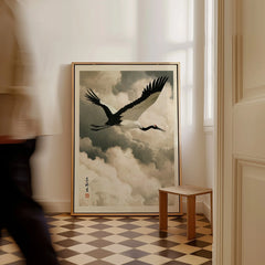 Japanese Crane Art Print – Vintage Ukiyo-e Style Wall Art — framed canvas on floor man walking past