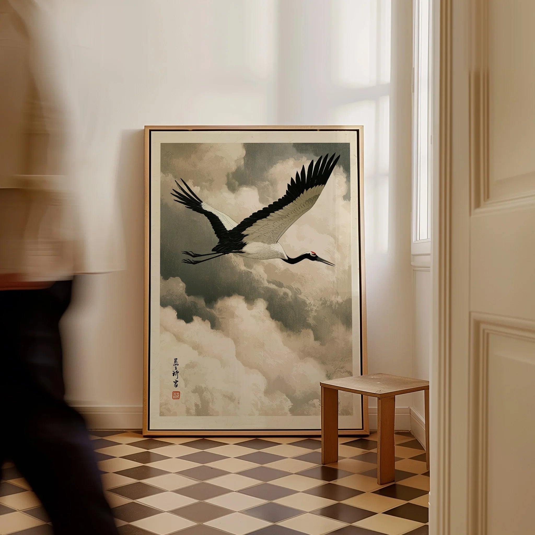 Japanese Crane Art Print – Vintage Ukiyo-e Style Wall Art — framed canvas on floor man walking past
