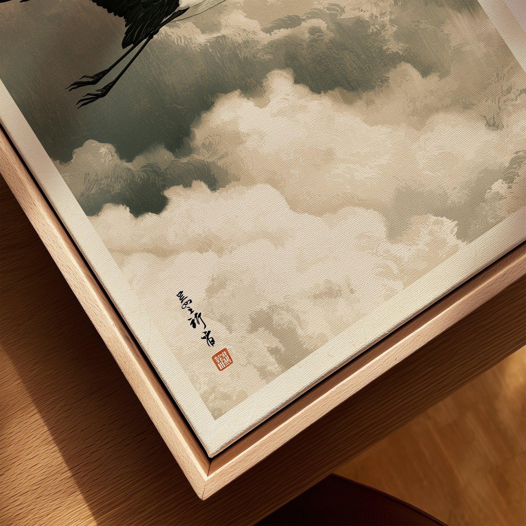 Japanese Crane Art Print – Vintage Ukiyo-e Style Wall Art — closeup framed canvas natural wood floating frame