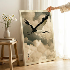 Japanese Crane Art Print – Vintage Ukiyo-e Style Wall Art — canvas print mirror edge hand holding room setting