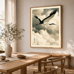Japanese Crane Art Print – Vintage Ukiyo-e Style Wall Art — dining room framed print natural wood frame