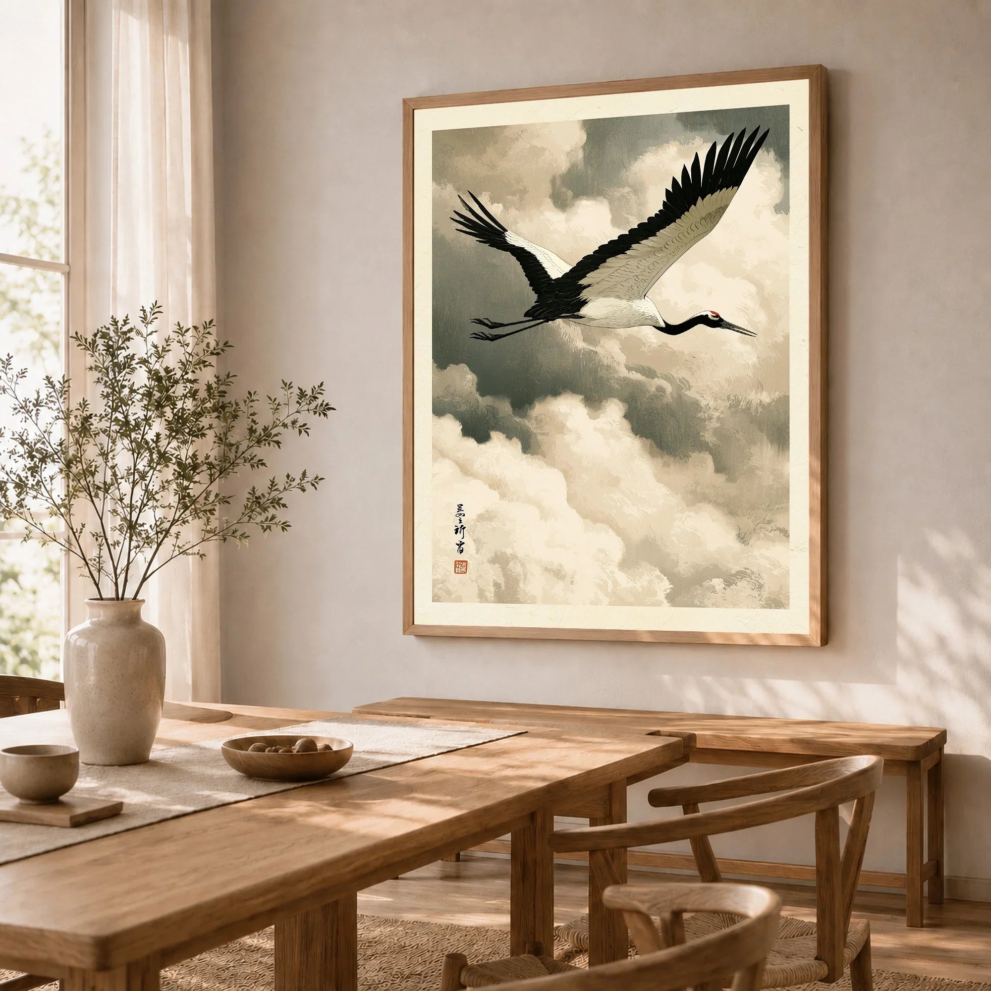 Japanese Crane Art Print – Vintage Ukiyo-e Style Wall Art — dining room framed print natural wood frame