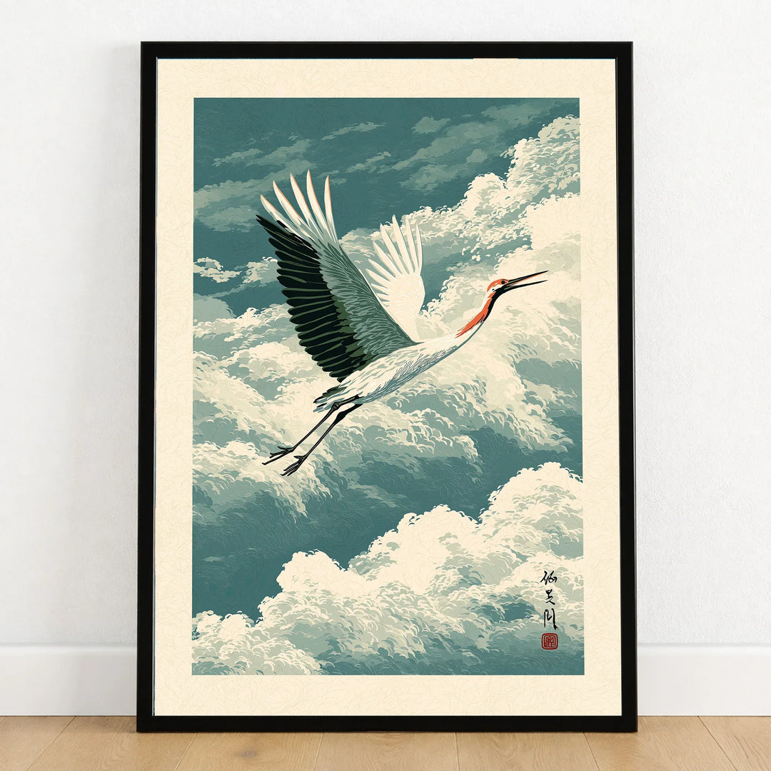 Japanese Crane Wall Art – Vintage Japanese Bird Print — art print in black frame on wooden floor