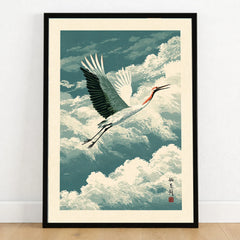 Japanese Crane Wall Art – Vintage Japanese Bird Print — art print in black frame on wooden floor