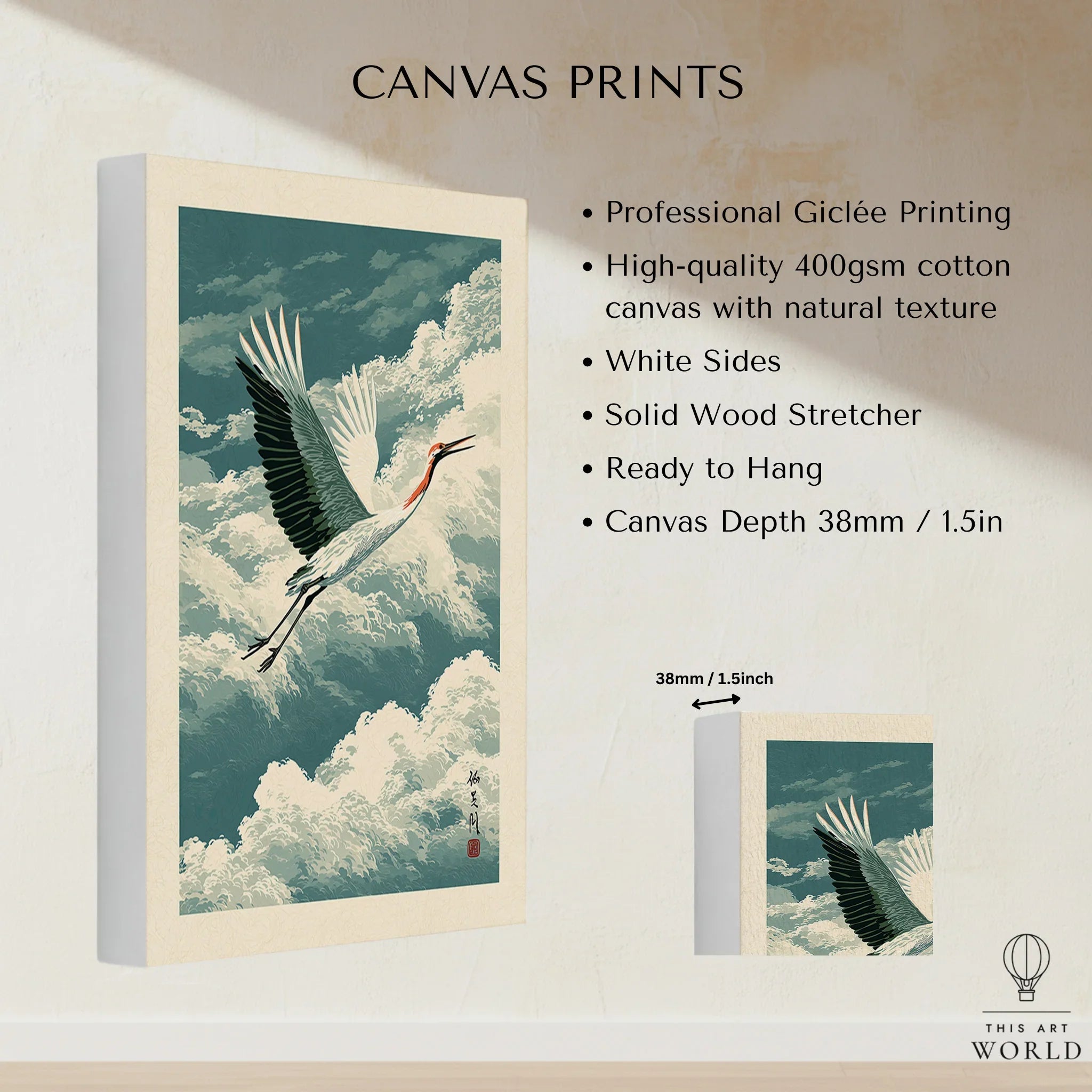Japanese Crane Wall Art – Vintage Japanese Bird Print — canvas print stretched cotton canvas details