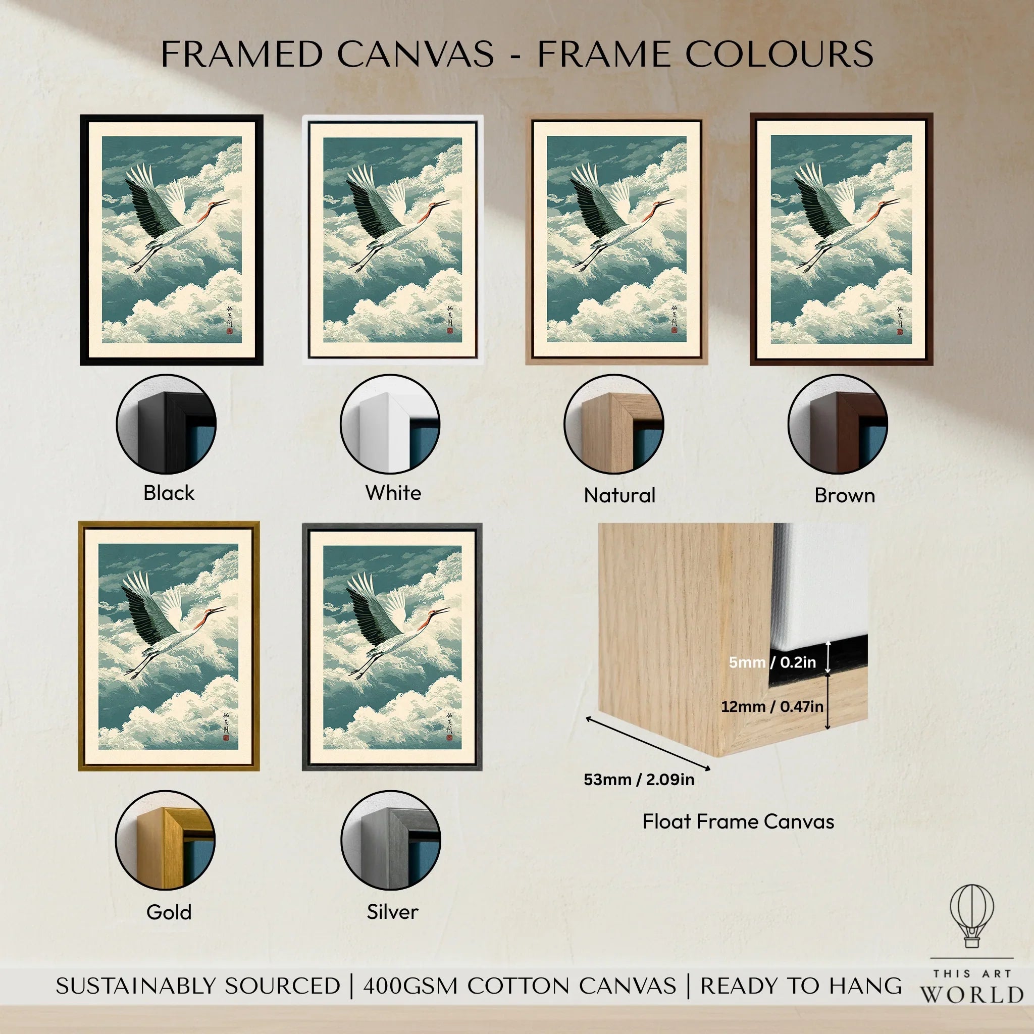 Japanese Crane Wall Art – Vintage Japanese Bird Print — framed canvas float frame colour options