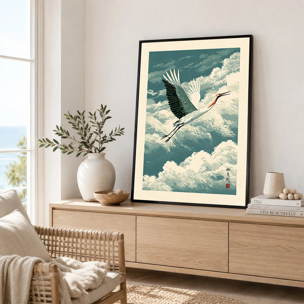 Japanese Crane Wall Art – Vintage Japanese Bird Print — framed artwork living room lifestyle setting