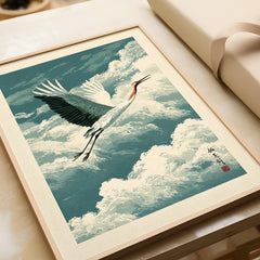 Japanese Crane Wall Art – Vintage Japanese Bird Print — framed art print closeup gift unwrapped natural frame
