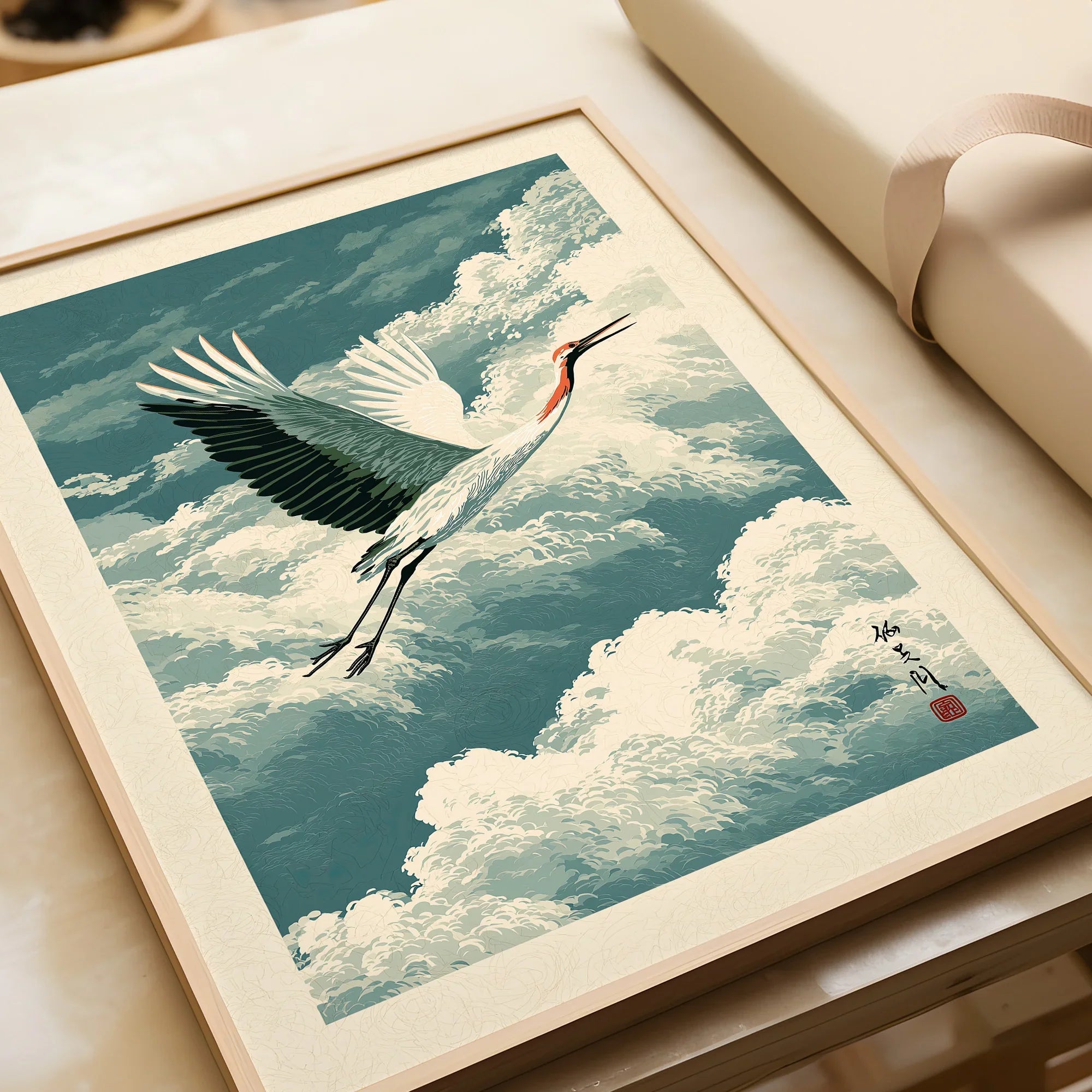 Japanese Crane Wall Art – Vintage Japanese Bird Print — framed art print closeup gift unwrapped natural frame