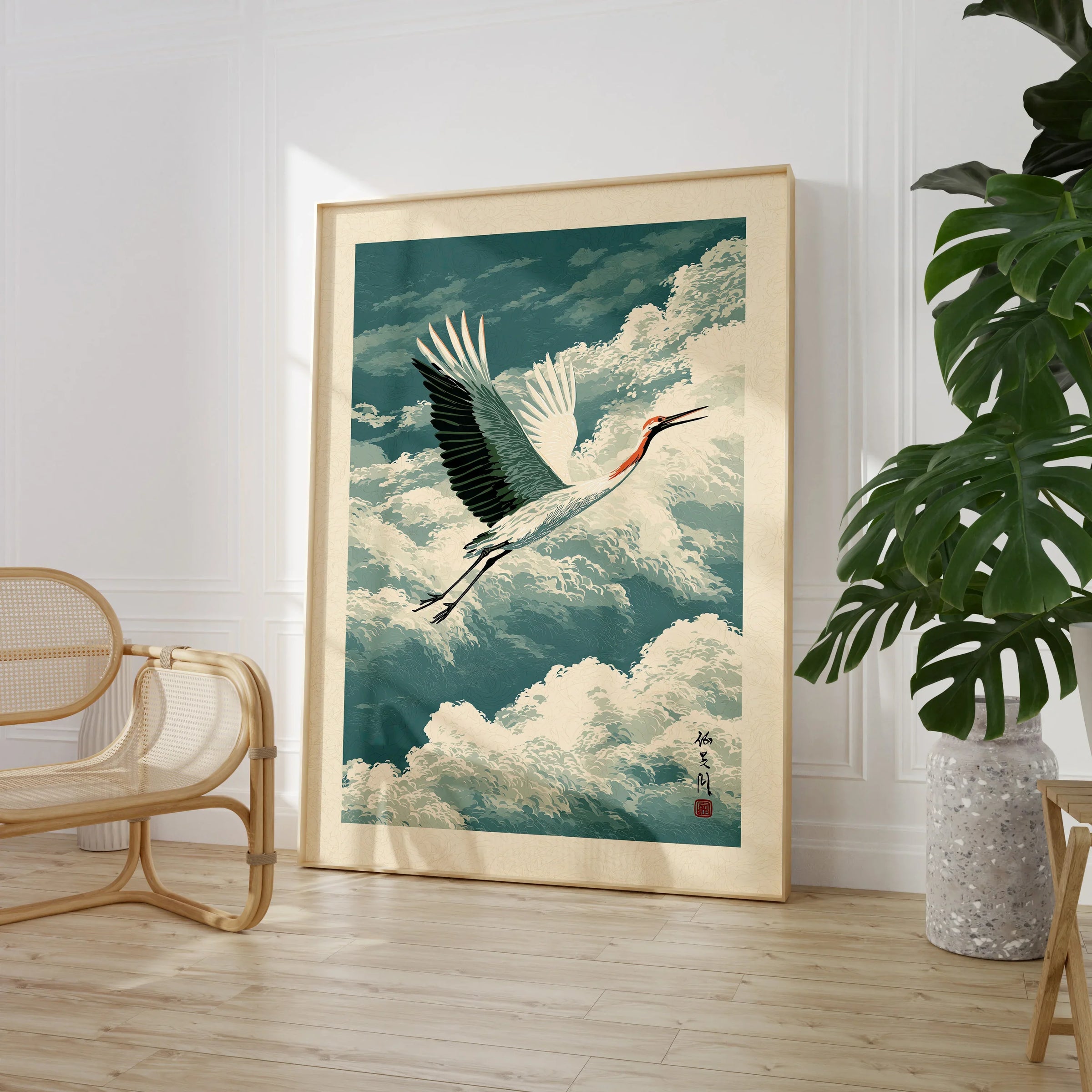 Japanese Crane Wall Art – Vintage Japanese Bird Print — large framed print room setting chair plant