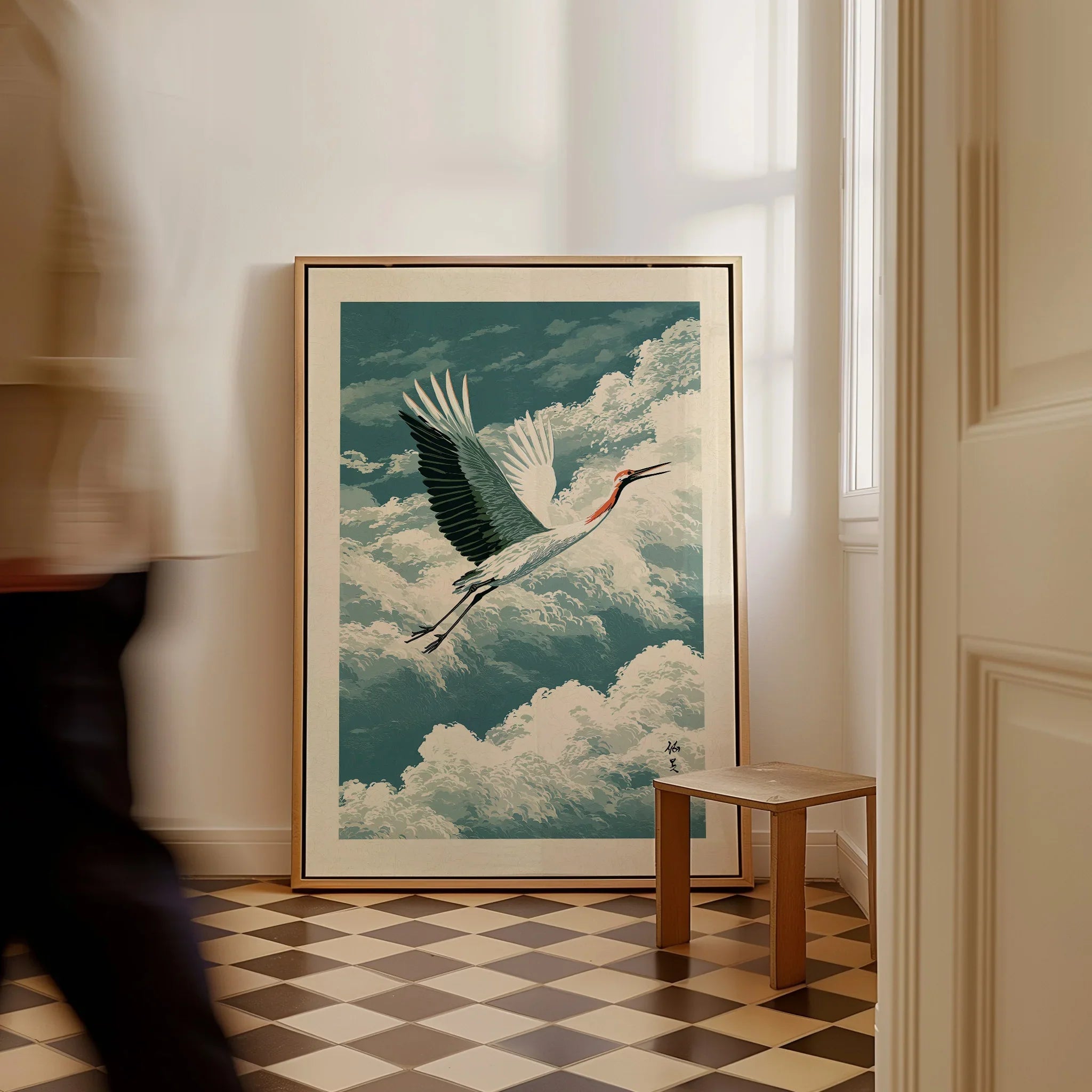 Japanese Crane Wall Art – Vintage Japanese Bird Print — framed canvas on floor man walking past