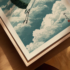 Japanese Crane Wall Art – Vintage Japanese Bird Print — closeup framed canvas natural wood floating frame