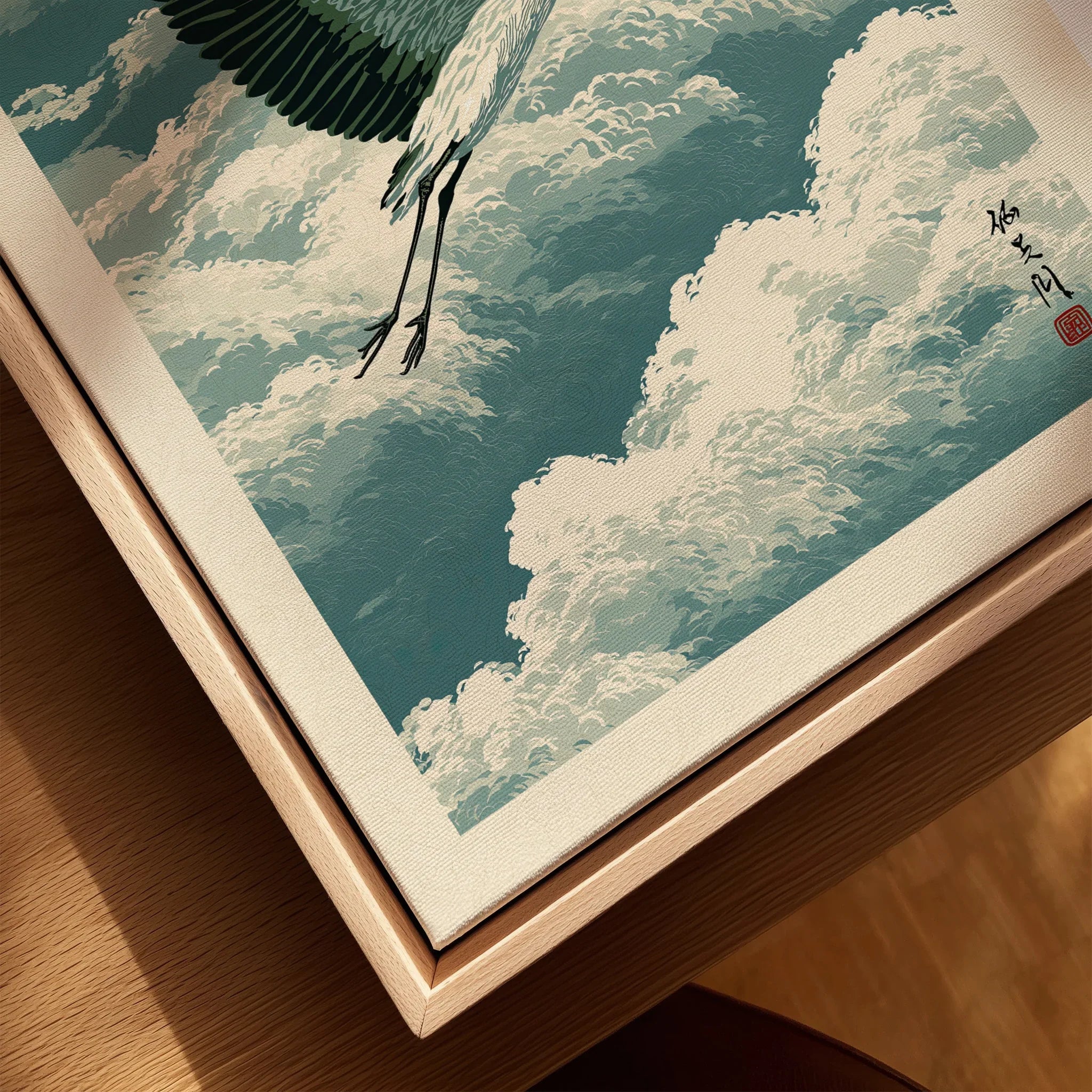 Japanese Crane Wall Art – Vintage Japanese Bird Print — closeup framed canvas natural wood floating frame