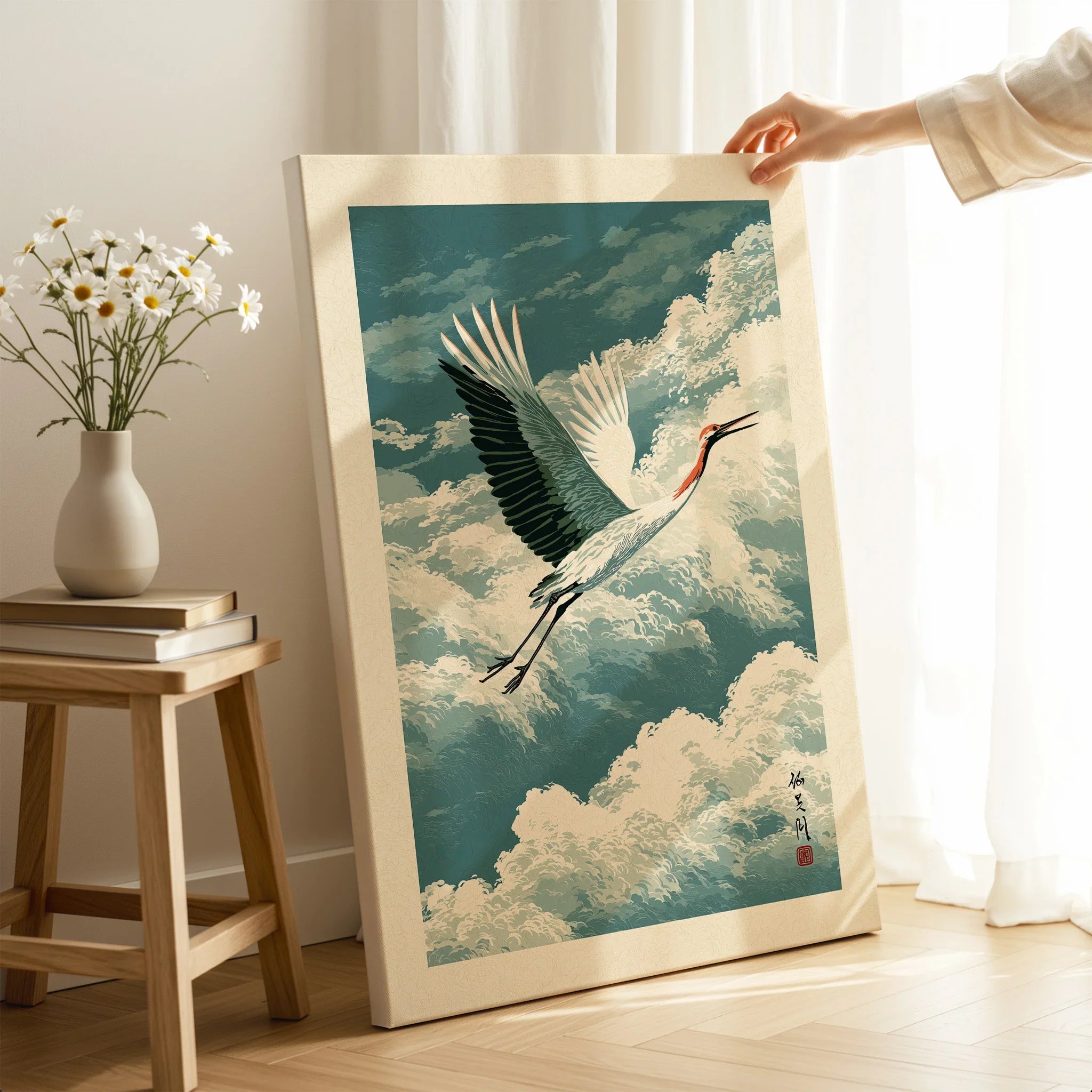 Japanese Crane Wall Art – Vintage Japanese Bird Print — canvas print mirror edge hand holding room setting