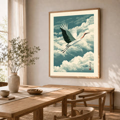 Japanese Crane Wall Art – Vintage Japanese Bird Print — dining room framed print natural wood frame