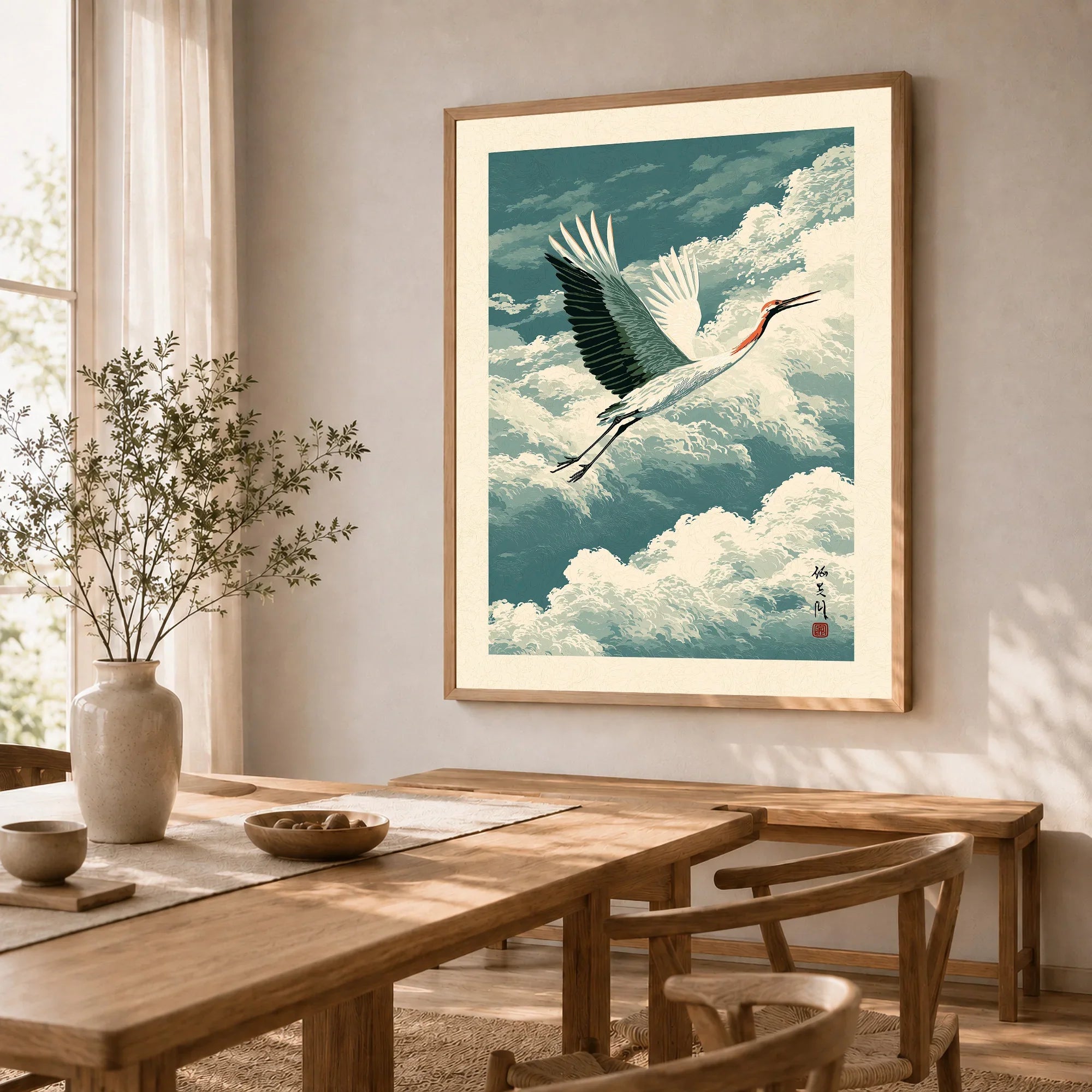Japanese Crane Wall Art – Vintage Japanese Bird Print — dining room framed print natural wood frame