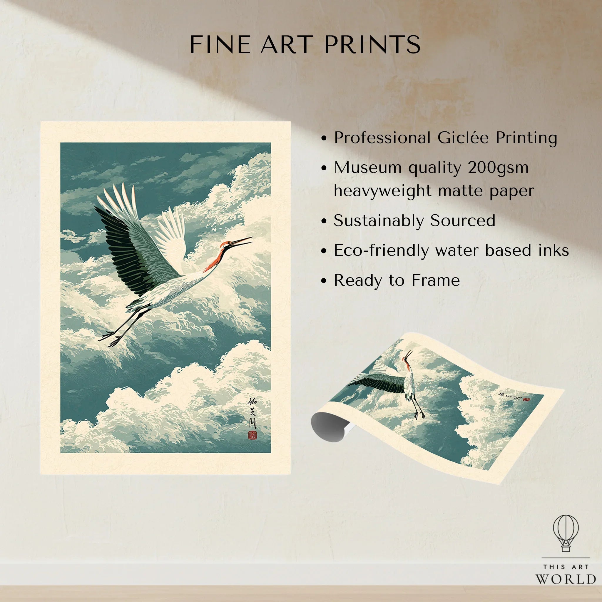 Japanese Crane Wall Art – Vintage Japanese Bird Print — fine art print unframed quality details